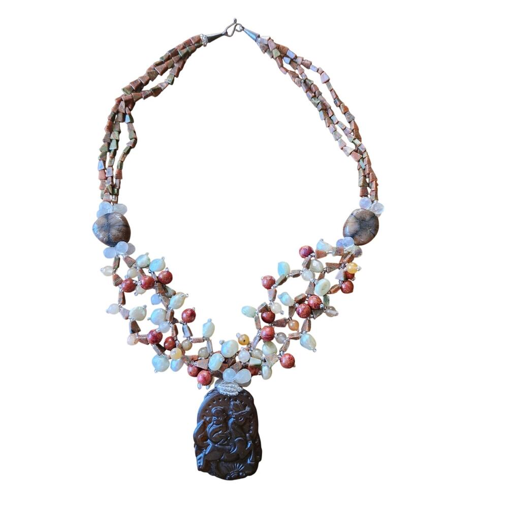 Handmade Stone Beaded Necklace Monkey Riding Horse Carved Pendant Boho